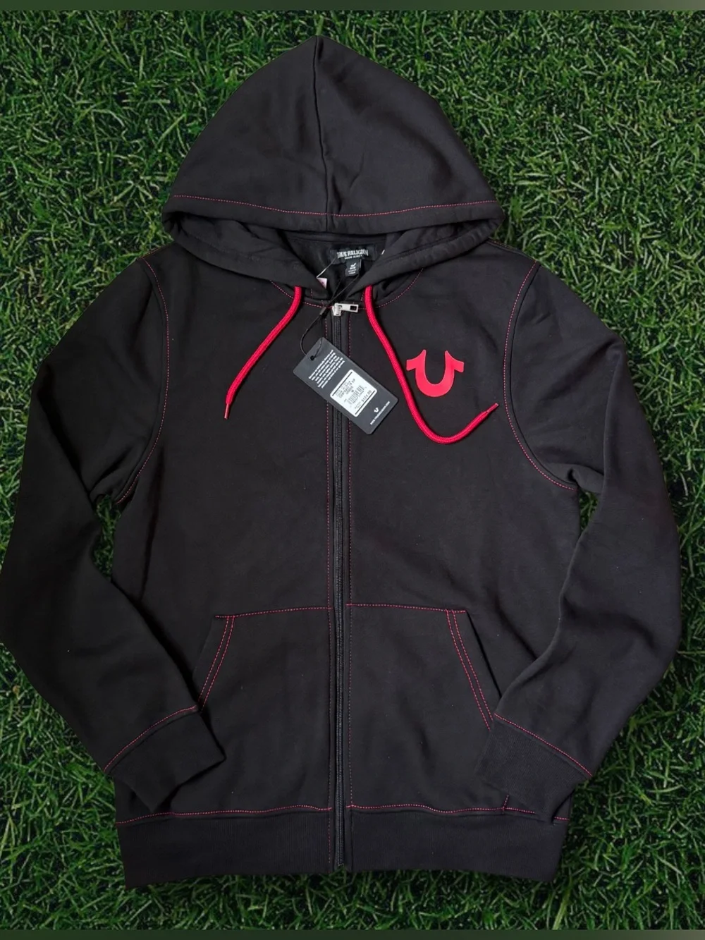 True Religion Black Hoodie with Red Accents and Red Graffic